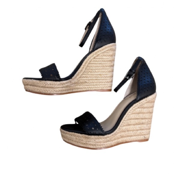 Botkier Black Leather Lattice Cut Platform Espadrille Wedge Sandals - Picture 1 of 5